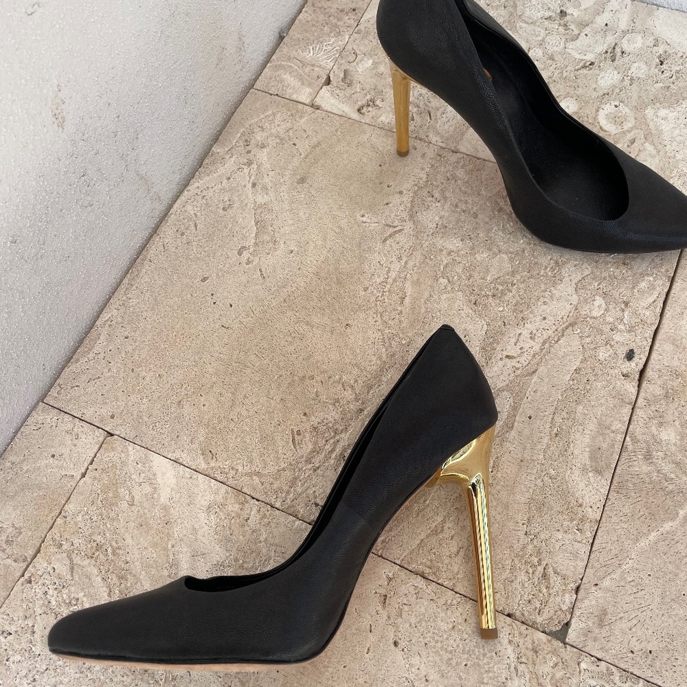 Sexy BCBG Max Azria Gold and Black Stiletto Pump with Asymmetric Vamp